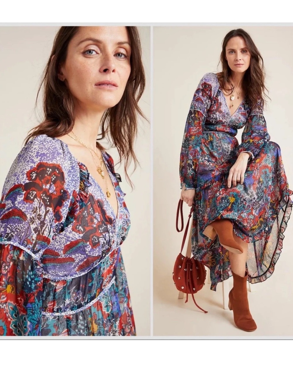Anthropologie Maeve Annabella Floral Paisley Boho Colorful Maxi Dress 10 Boho - Picture 2 of 16